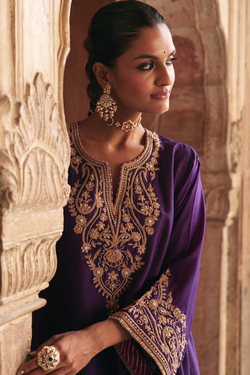 Marwa-Short Chauga With Salwar-Deep Purple upada silk kurta/kurta set by SHEETAL BATRA in purple for women in Singapore