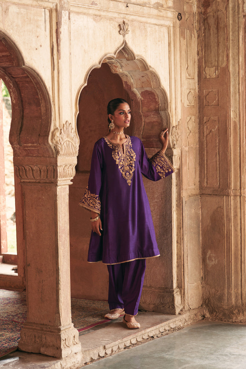 Marwa-Short Chauga With Salwar-Deep Purple upada silk kurta/kurta set by SHEETAL BATRA in purple for women in Singapore