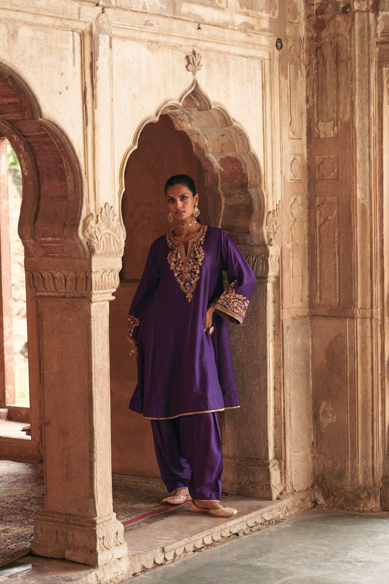 Marwa-Short Chauga With Salwar-Deep Purple upada silk kurta/kurta set by SHEETAL BATRA in purple for women in Singapore