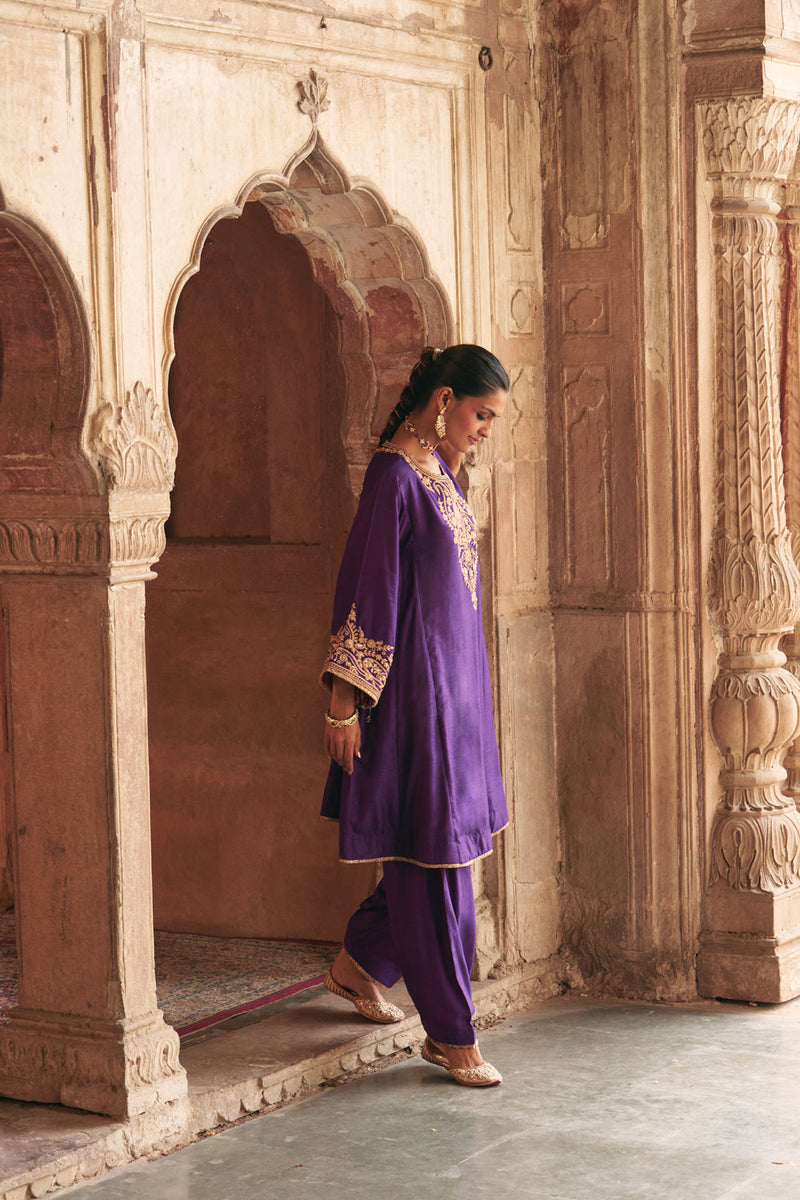 Marwa-Short Chauga With Salwar-Deep Purple upada silk kurta/kurta set by SHEETAL BATRA in purple for women in Singapore