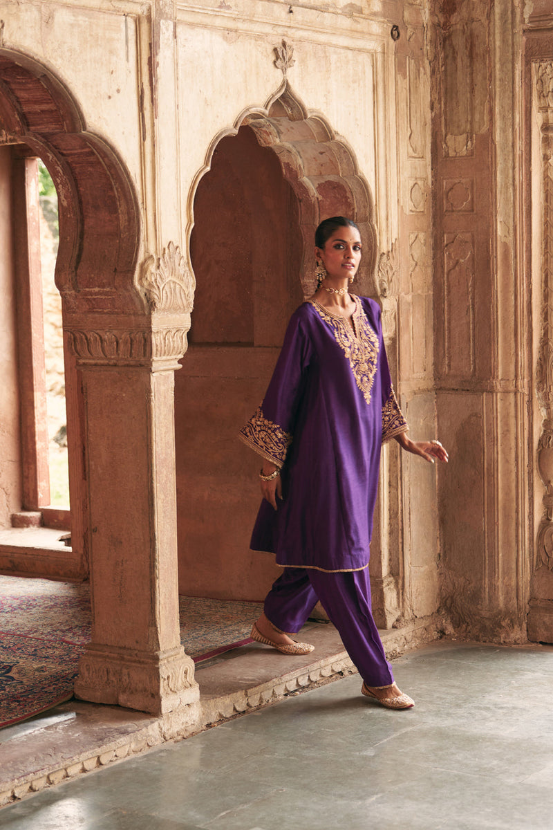 Marwa-Short Chauga With Salwar-Deep Purple upada silk kurta/kurta set by SHEETAL BATRA in purple for women in Singapore