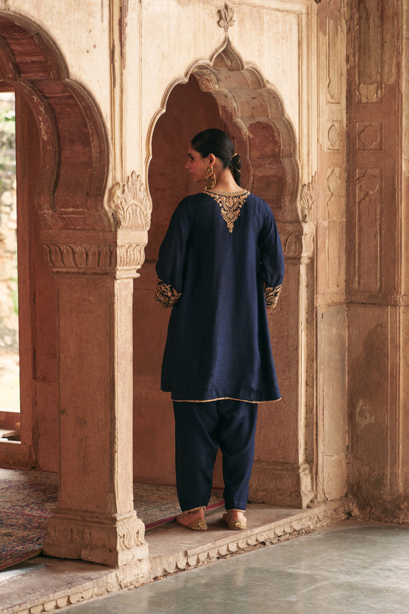 Marwa-Short Chauga With Salwar-Deep Blue upada silk kurta/kurta set by SHEETAL BATRA in blue for women in Singapore