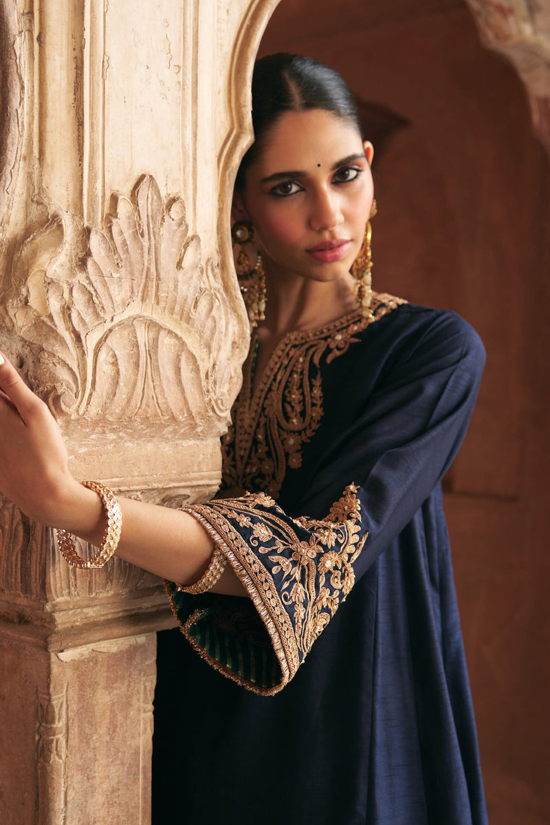 Marwa-Short Chauga With Salwar-Deep Blue upada silk kurta/kurta set by SHEETAL BATRA in blue for women in Singapore