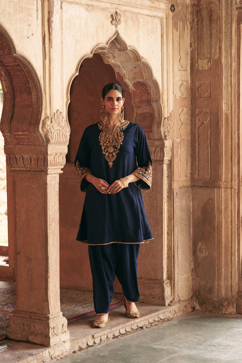 Marwa-Short Chauga With Salwar-Deep Blue upada silk kurta/kurta set by SHEETAL BATRA in blue for women in Singapore