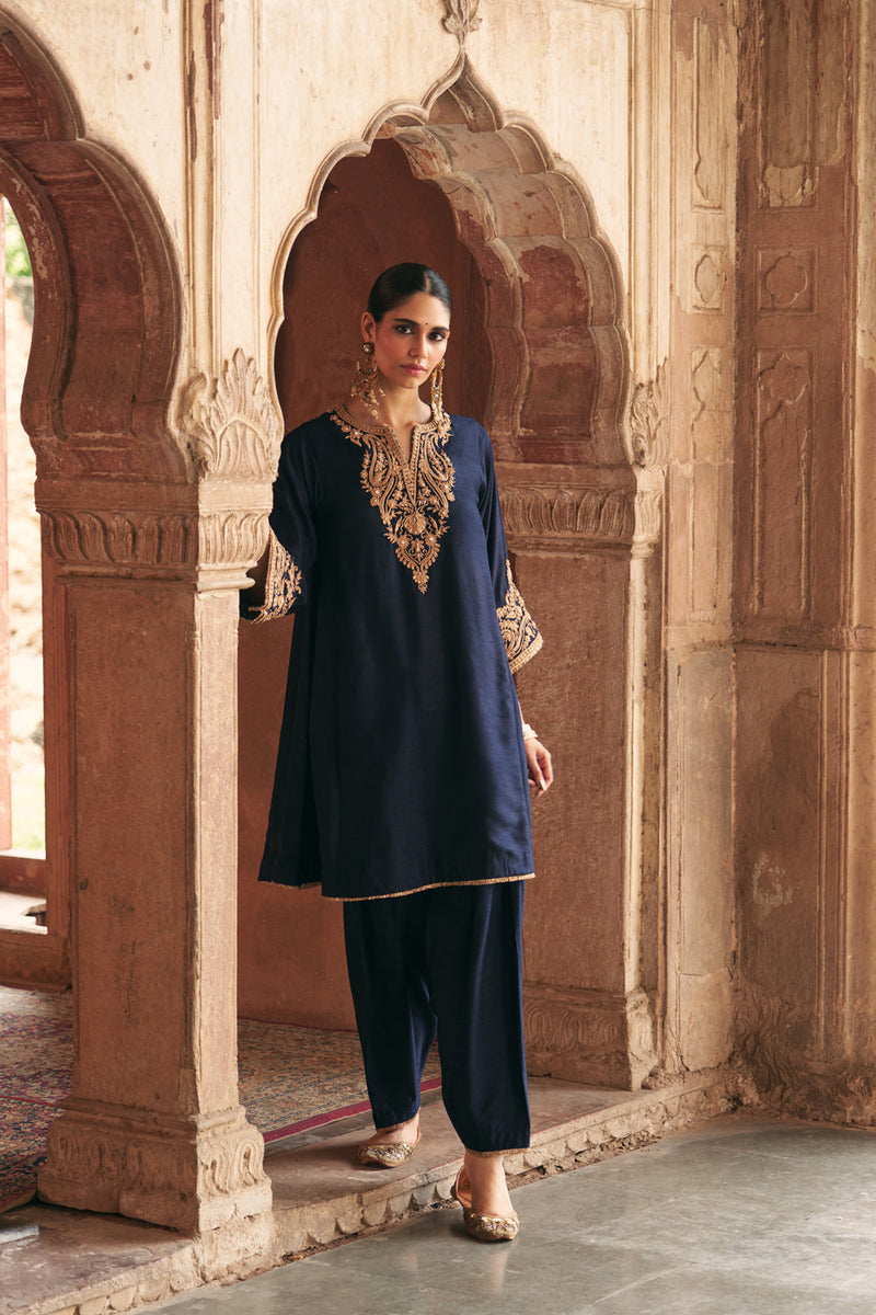 Marwa-Short Chauga With Salwar-Deep Blue upada silk kurta/kurta set by SHEETAL BATRA in blue for women in Singapore