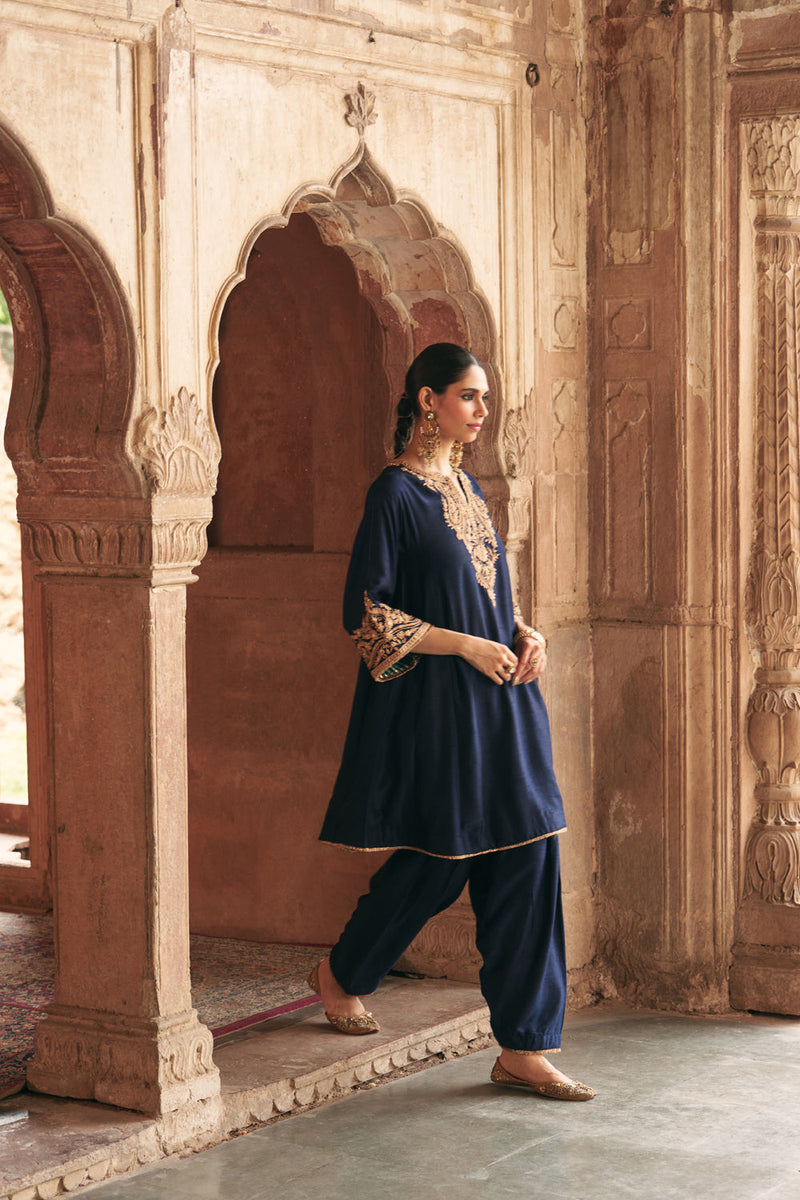 Marwa-Short Chauga With Salwar-Deep Blue upada silk kurta/kurta set by SHEETAL BATRA in blue for women in Singapore