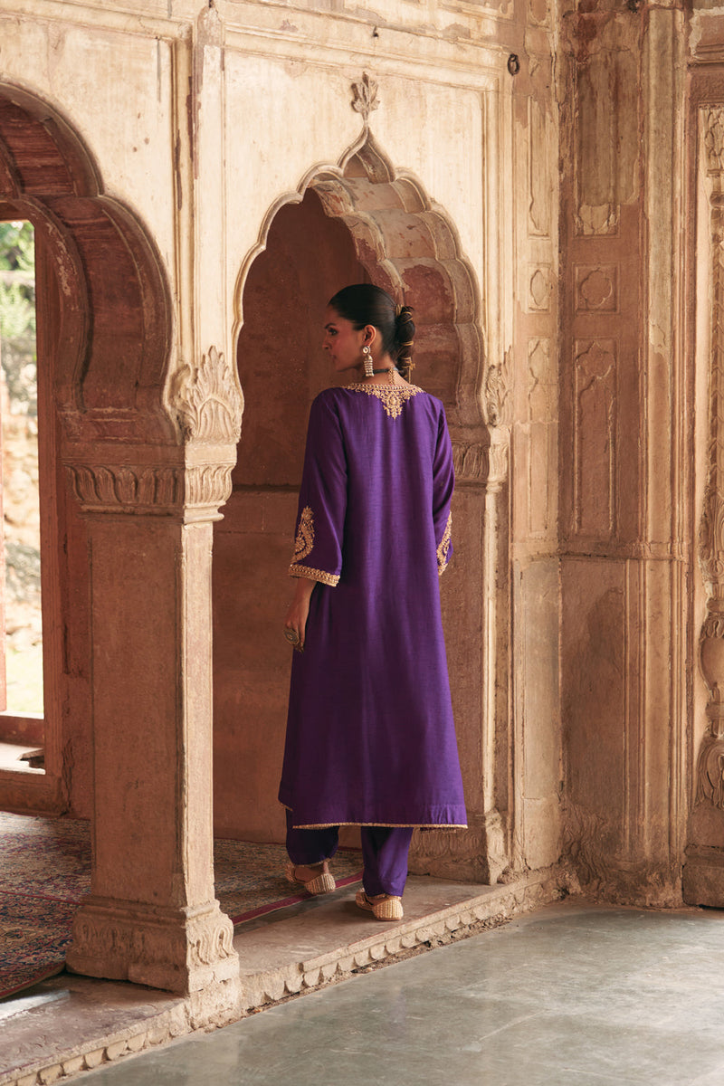 Haayat-Long Kaftan With Salwar-Deep Purple upada silk kurta/kurta set by SHEETAL BATRA in purple for women in Singapore
