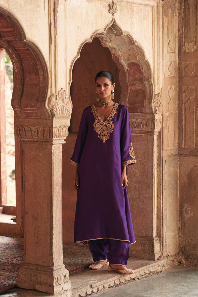 Haayat-Long Kaftan With Salwar-Deep Purple upada silk kurta/kurta set by SHEETAL BATRA in purple for women in Singapore