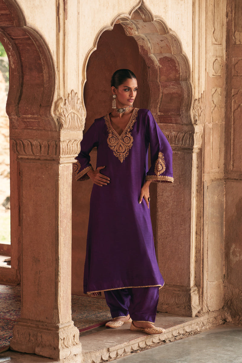 Haayat-Long Kaftan With Salwar-Deep Purple upada silk kurta/kurta set by SHEETAL BATRA in purple for women in Singapore