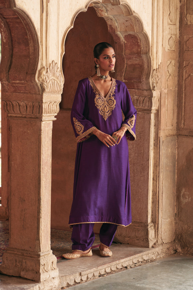 Haayat-Long Kaftan With Salwar-Deep Purple upada silk kurta/kurta set by SHEETAL BATRA in purple for women in Singapore