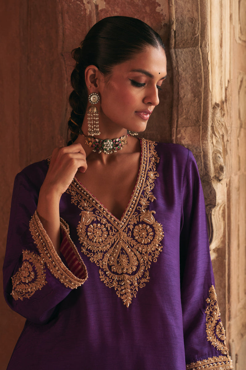 Haayat-Long Kaftan With Salwar-Deep Purple upada silk kurta/kurta set by SHEETAL BATRA in purple for women in Singapore