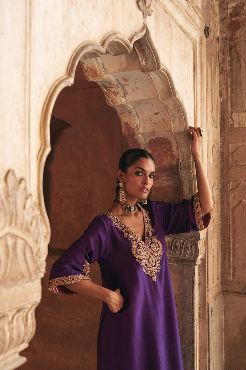 Haayat-Long Kaftan With Salwar-Deep Purple upada silk kurta/kurta set by SHEETAL BATRA in purple for women in Singapore