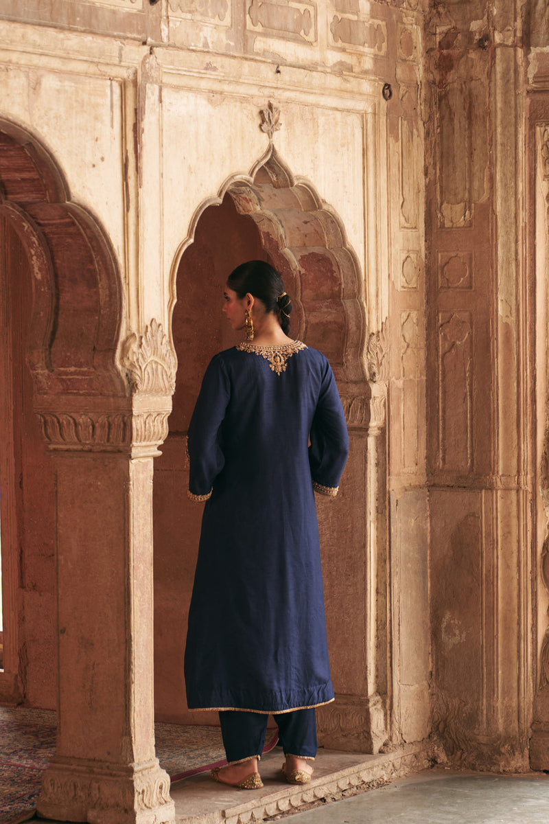 Haayat-Long Kaftan With Salwar-Deep Blue upada silk kurta/kurta set by SHEETAL BATRA in blue for women in Singapore