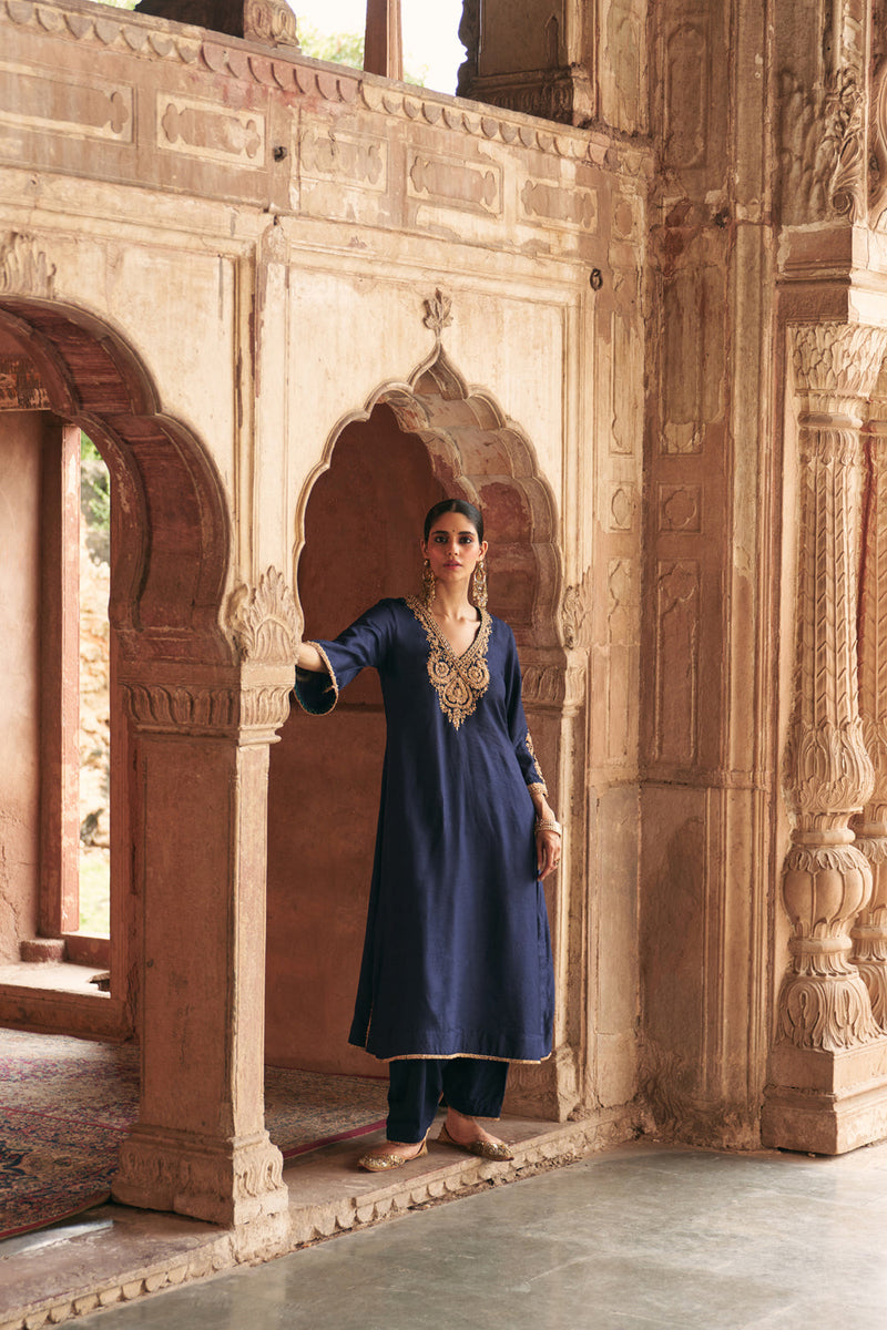 Haayat-Long Kaftan With Salwar-Deep Blue upada silk kurta/kurta set by SHEETAL BATRA in blue for women in Singapore