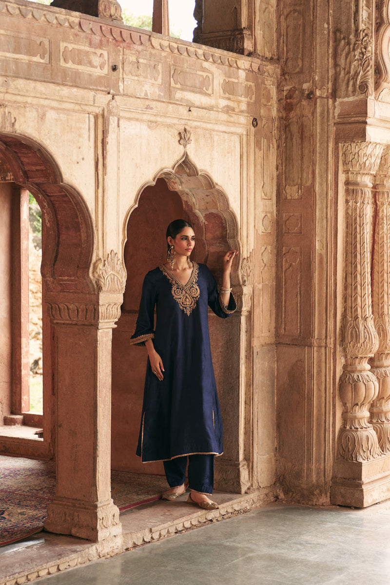 Haayat-Long Kaftan With Salwar-Deep Blue upada silk kurta/kurta set by SHEETAL BATRA in blue for women in Singapore