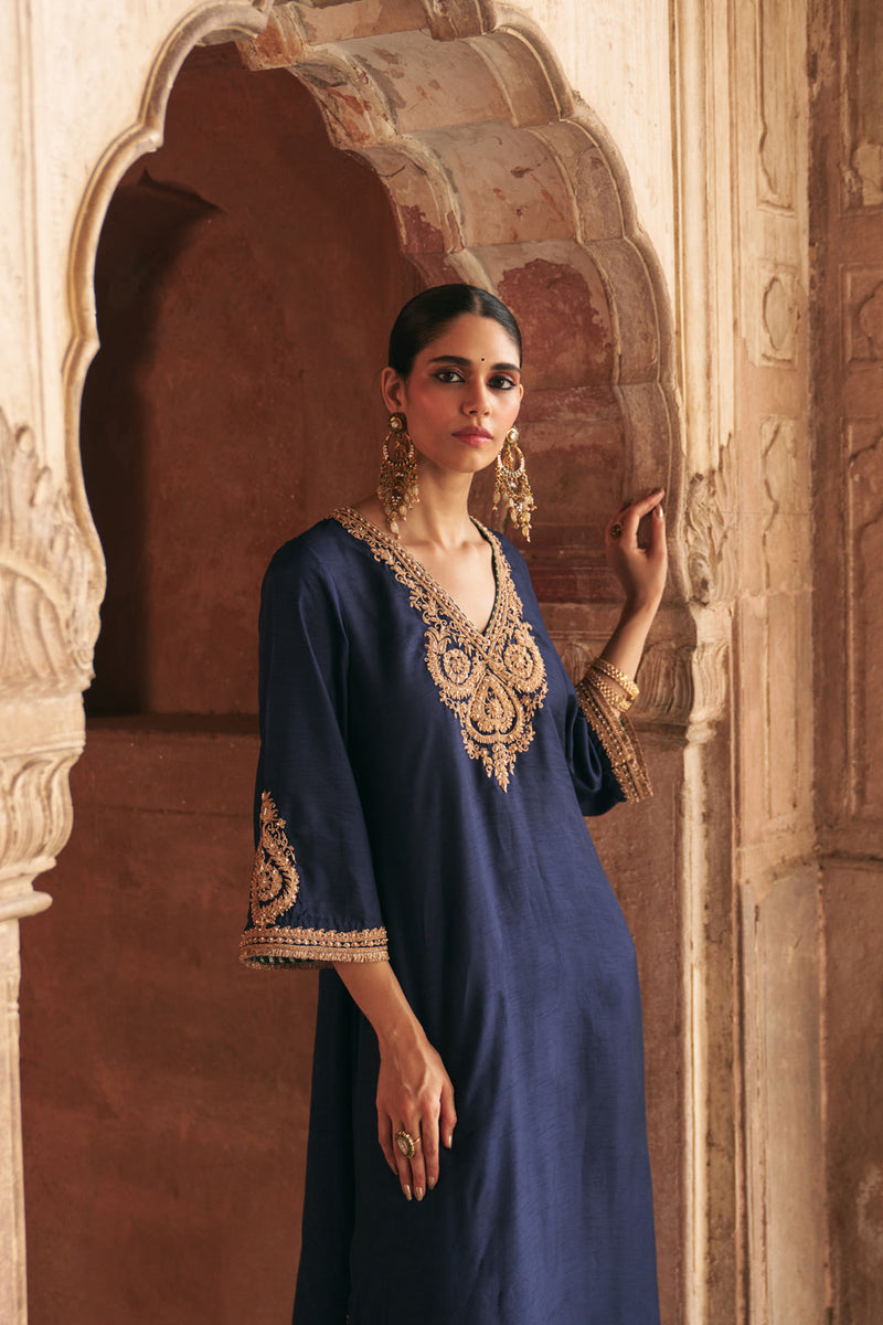 Haayat-Long Kaftan With Salwar-Deep Blue upada silk kurta/kurta set by SHEETAL BATRA in blue for women in Singapore
