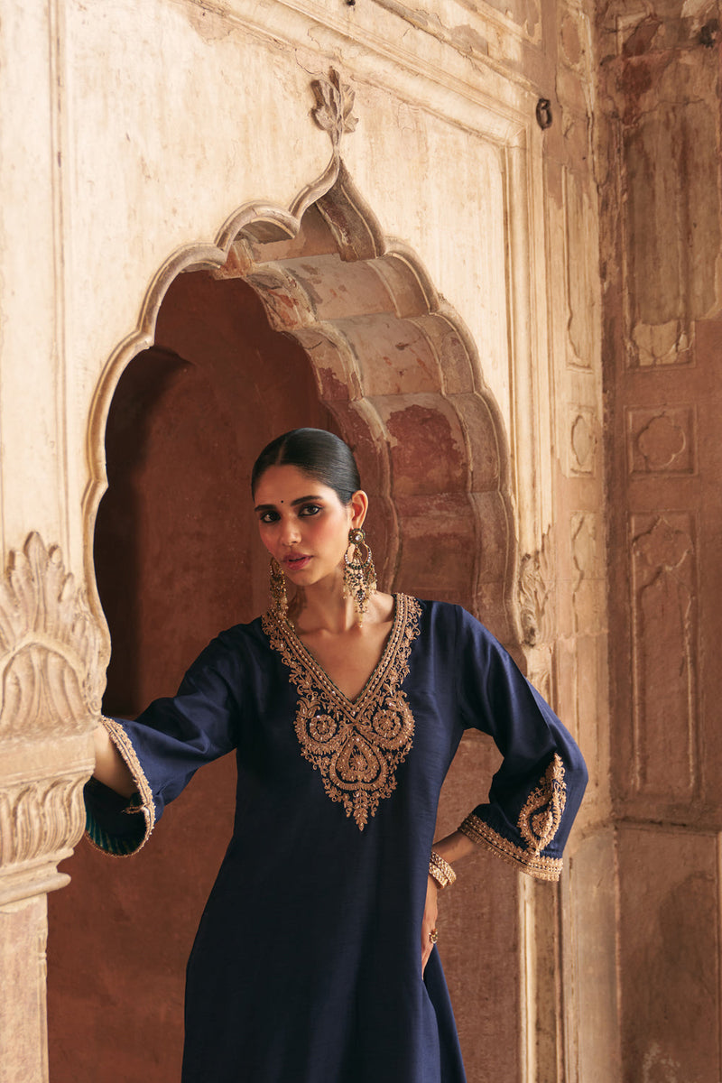 Haayat-Long Kaftan With Salwar-Deep Blue upada silk kurta/kurta set by SHEETAL BATRA in blue for women in Singapore