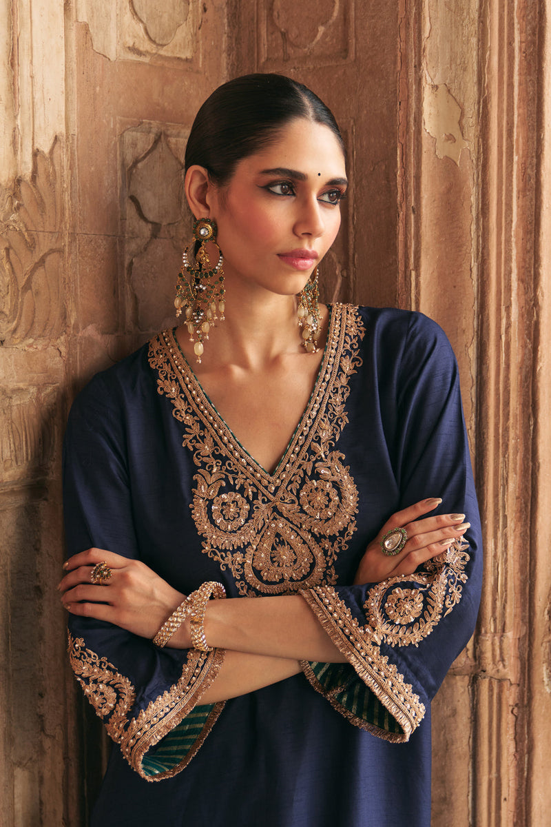 Haayat-Long Kaftan With Salwar-Deep Blue upada silk kurta/kurta set by SHEETAL BATRA in blue for women in Singapore