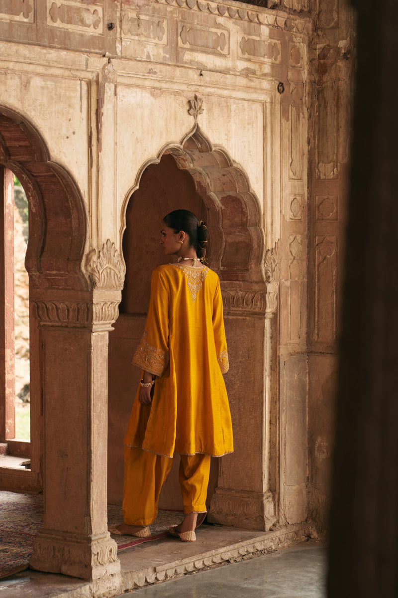 Marwa-Short Chauga With Salwar-Mustrad upada silk kurta/kurta set by SHEETAL BATRA in mustrad for women in Singapore