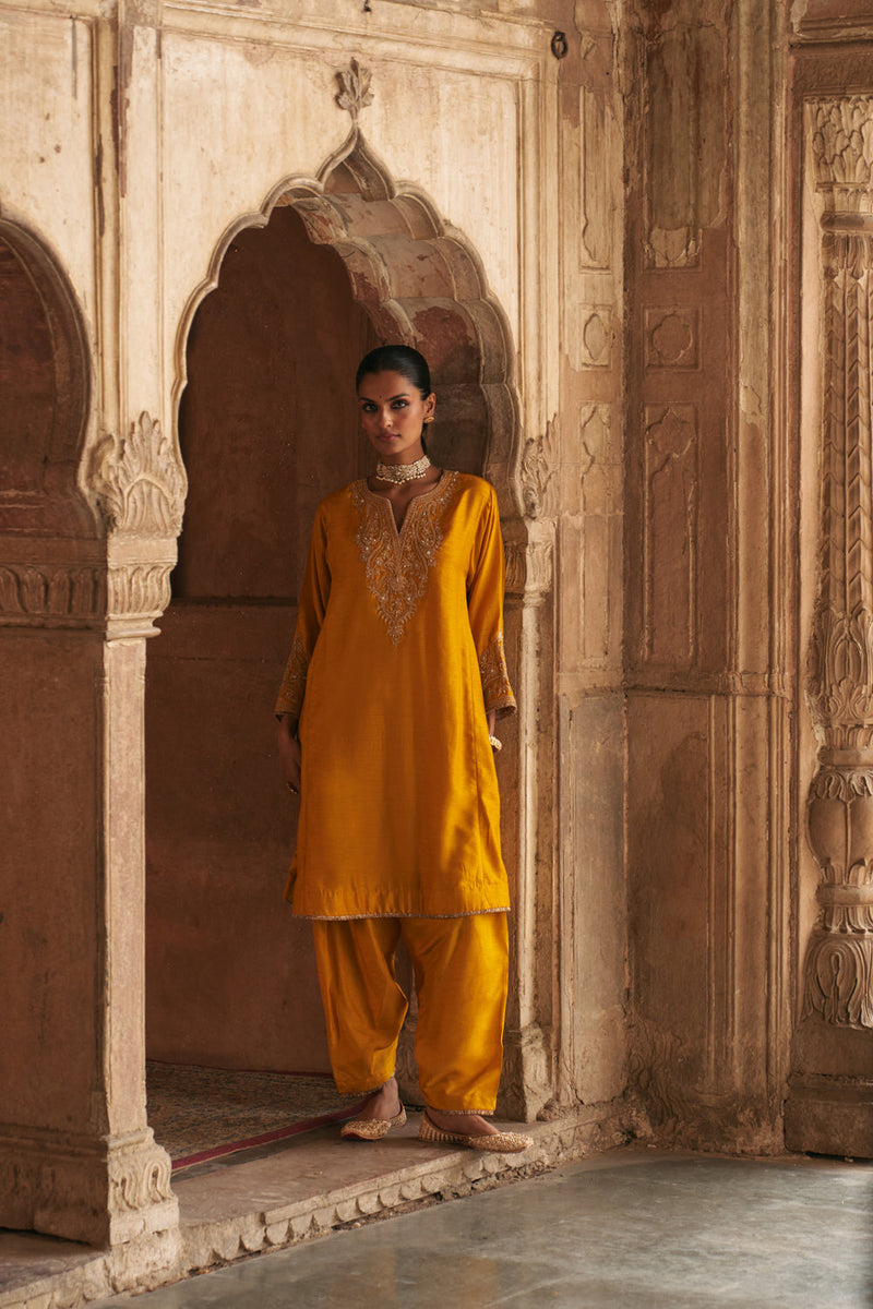 Marwa-Short Chauga With Salwar-Mustrad upada silk kurta/kurta set by SHEETAL BATRA in mustrad for women in Singapore