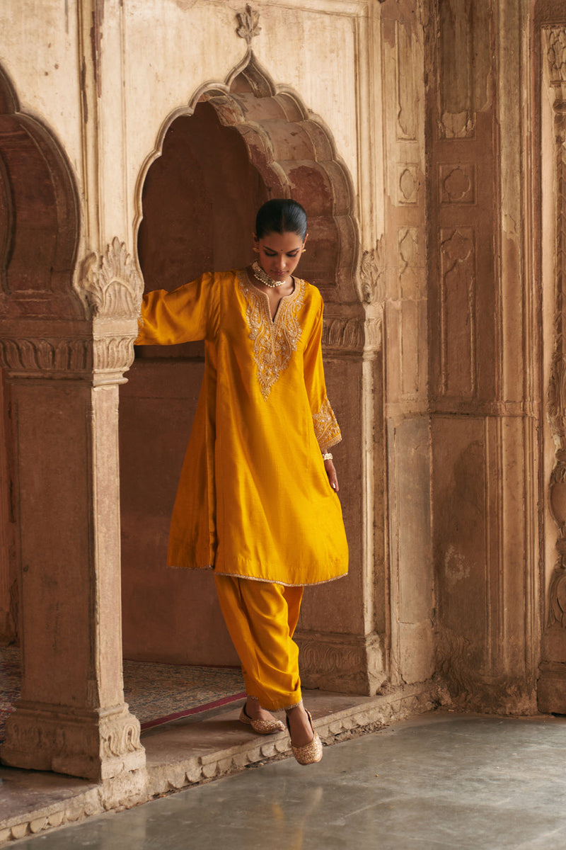 Marwa-Short Chauga With Salwar-Mustrad upada silk kurta/kurta set by SHEETAL BATRA in mustrad for women in Singapore
