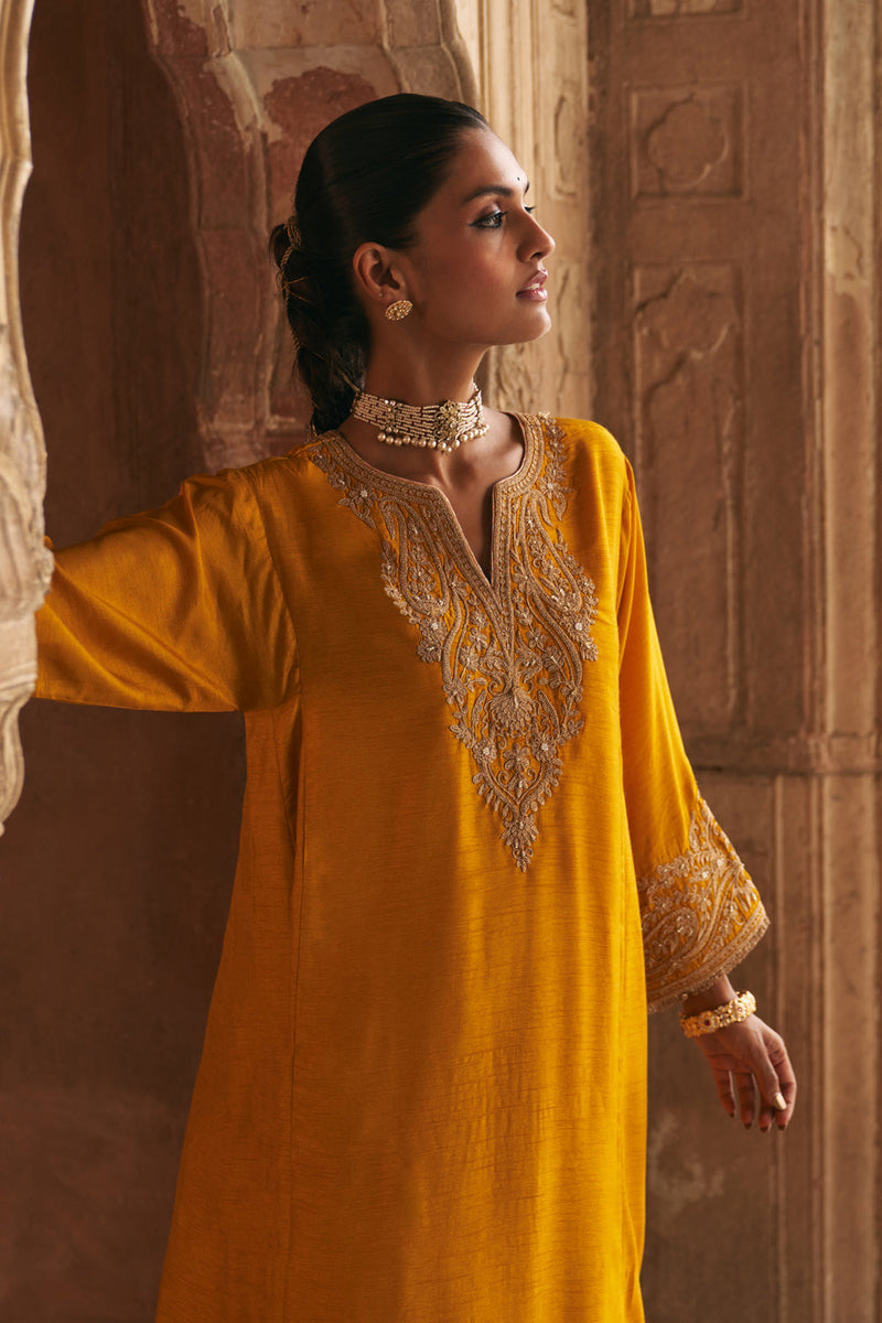 Marwa-Short Chauga With Salwar-Mustrad upada silk kurta/kurta set by SHEETAL BATRA in mustrad for women in Singapore