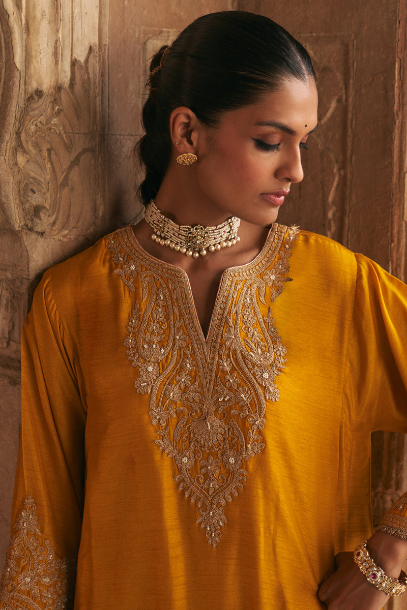 Marwa-Short Chauga With Salwar-Mustrad upada silk kurta/kurta set by SHEETAL BATRA in mustrad for women in Singapore