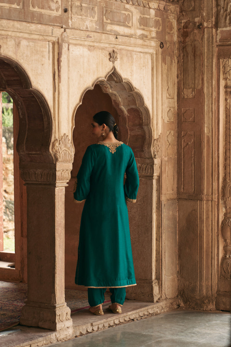 Haayat-Long Kaftan With Salwar-Emerald Green upada silk kurta/kurta set by SHEETAL BATRA in green for women in Singapore