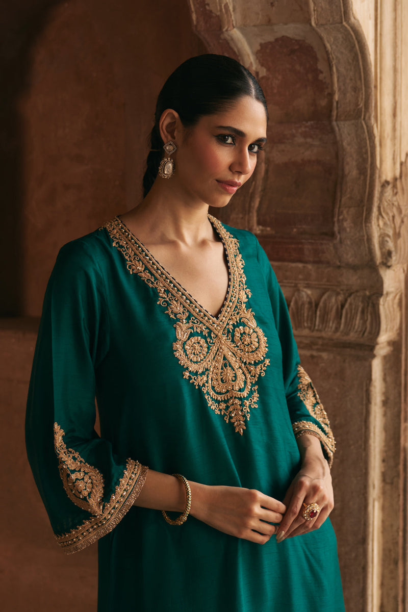 Haayat-Long Kaftan With Salwar-Emerald Green upada silk kurta/kurta set by SHEETAL BATRA in green for women in Singapore