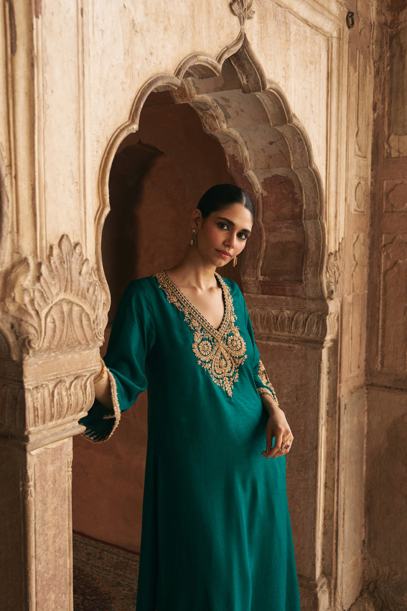 Haayat-Long Kaftan With Salwar-Emerald Green upada silk kurta/kurta set by SHEETAL BATRA in green for women in Singapore
