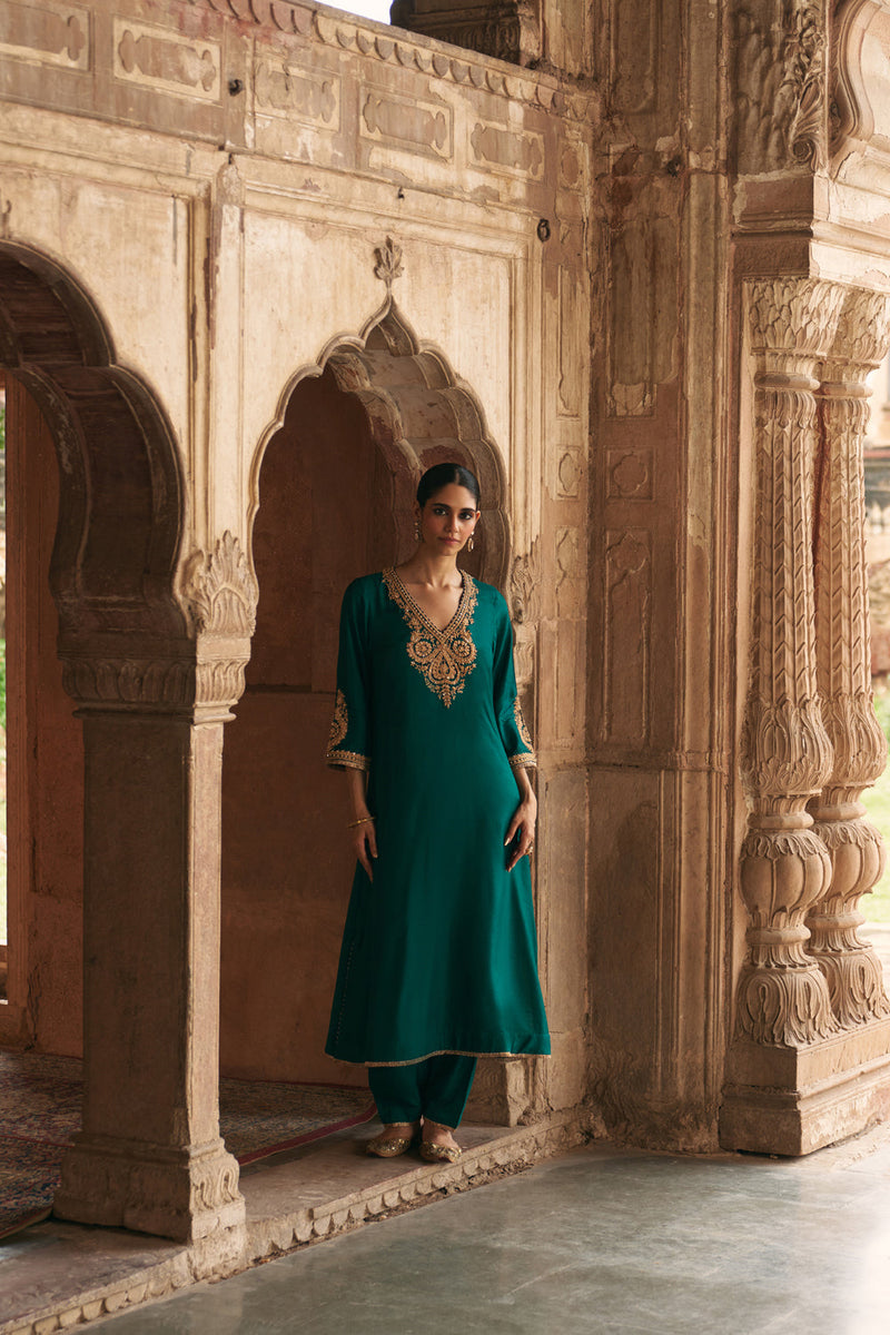 Haayat-Long Kaftan With Salwar-Emerald Green upada silk kurta/kurta set by SHEETAL BATRA in green for women in Singapore