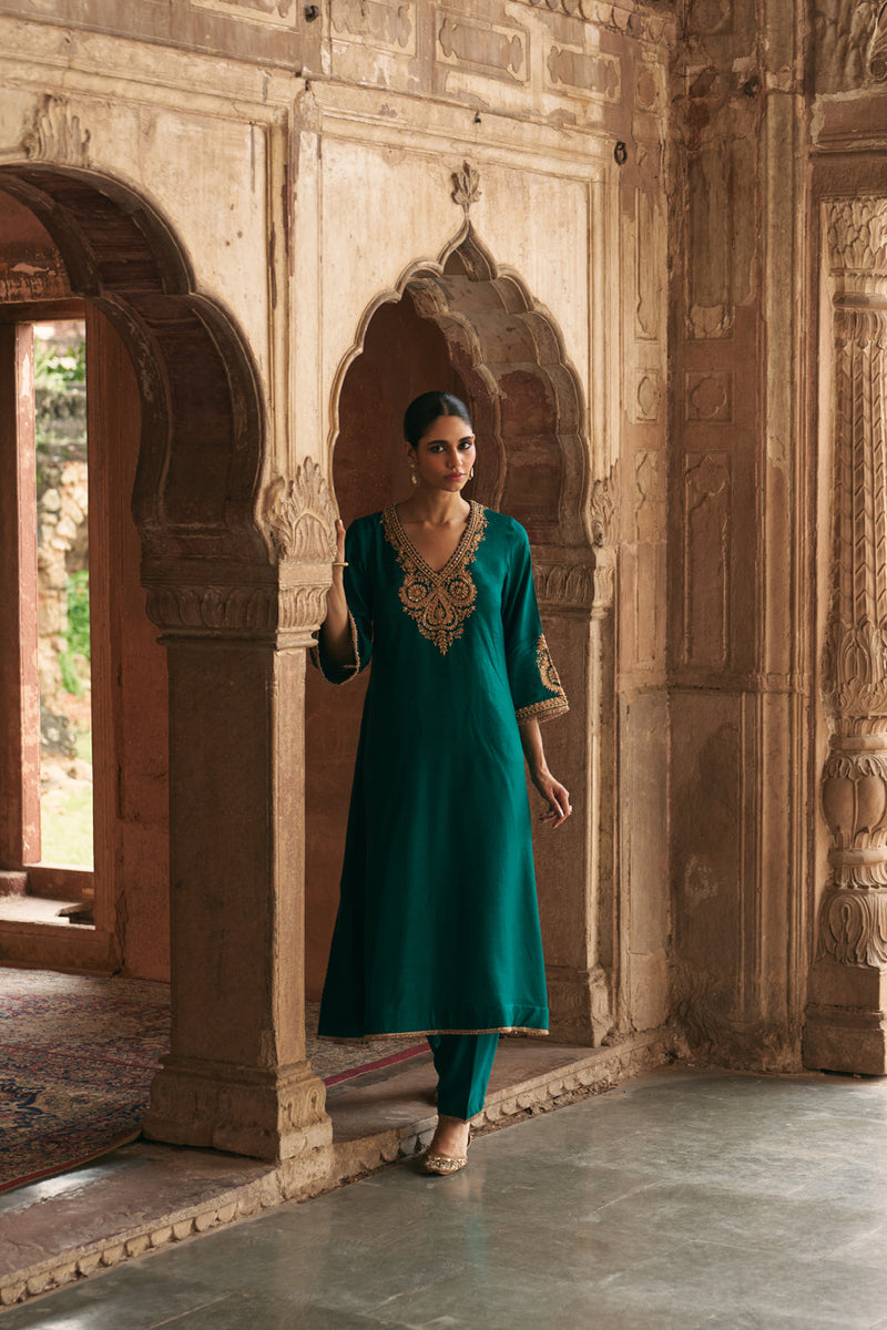 Haayat-Long Kaftan With Salwar-Emerald Green upada silk kurta/kurta set by SHEETAL BATRA in green for women in Singapore