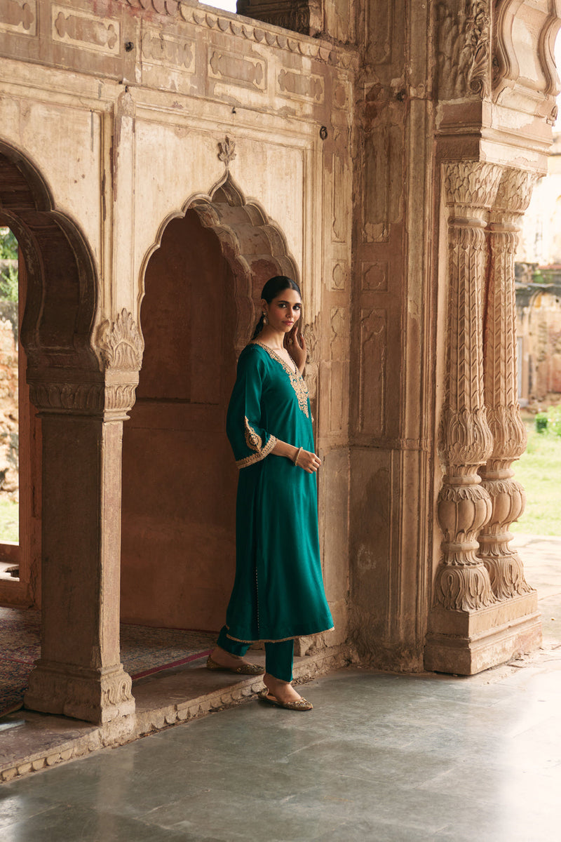 Haayat-Long Kaftan With Salwar-Emerald Green upada silk kurta/kurta set by SHEETAL BATRA in green for women in Singapore