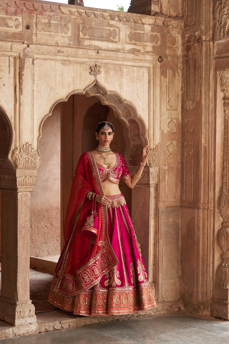 AMARA - HOTPINK LEHENGA rawsilk lehenga sets by SHEETAL BATRA in pink for women in Singapore