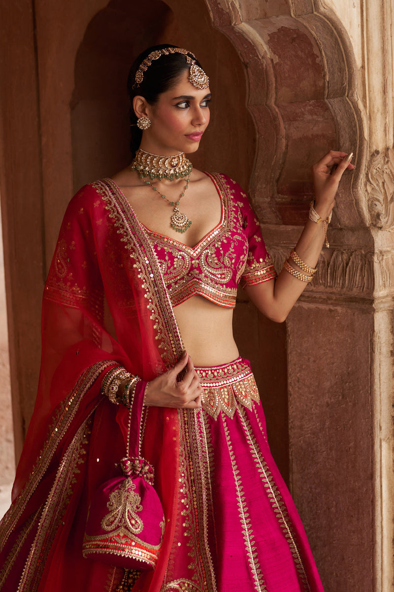 AMARA - HOTPINK LEHENGA rawsilk lehenga sets by SHEETAL BATRA in pink for women in Singapore