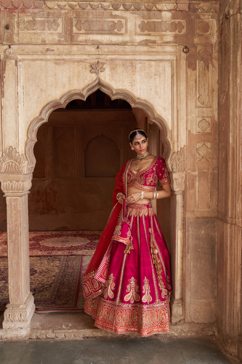 AMARA - HOTPINK LEHENGA rawsilk lehenga sets by SHEETAL BATRA in pink for women in Singapore