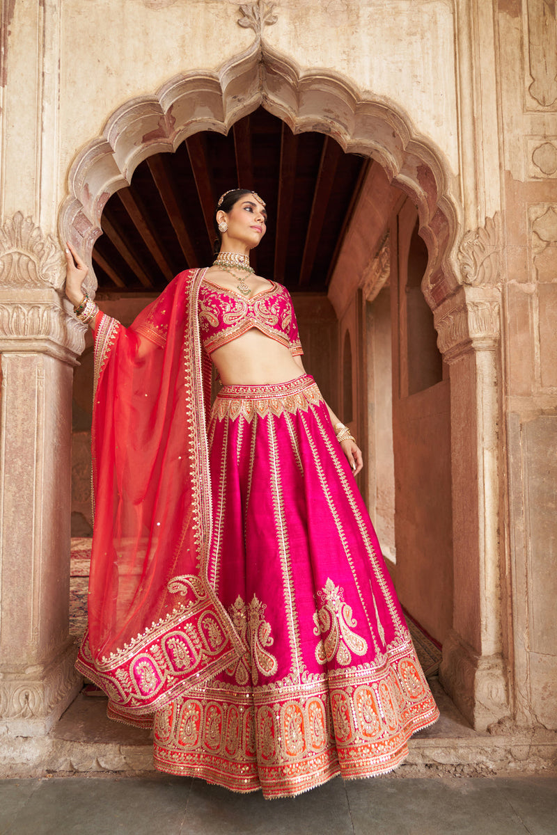 AMARA - HOTPINK LEHENGA rawsilk lehenga sets by SHEETAL BATRA in pink for women in Singapore