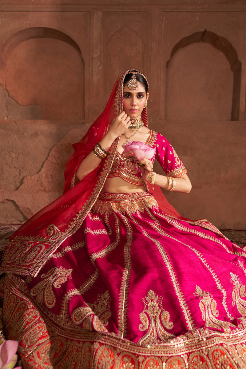 AMARA - HOTPINK LEHENGA rawsilk lehenga sets by SHEETAL BATRA in pink for women in Singapore