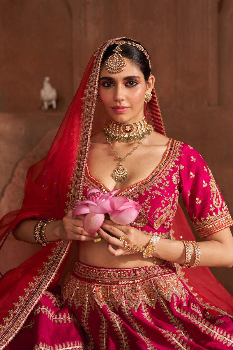 AMARA - HOTPINK LEHENGA rawsilk lehenga sets by SHEETAL BATRA in pink for women in Singapore