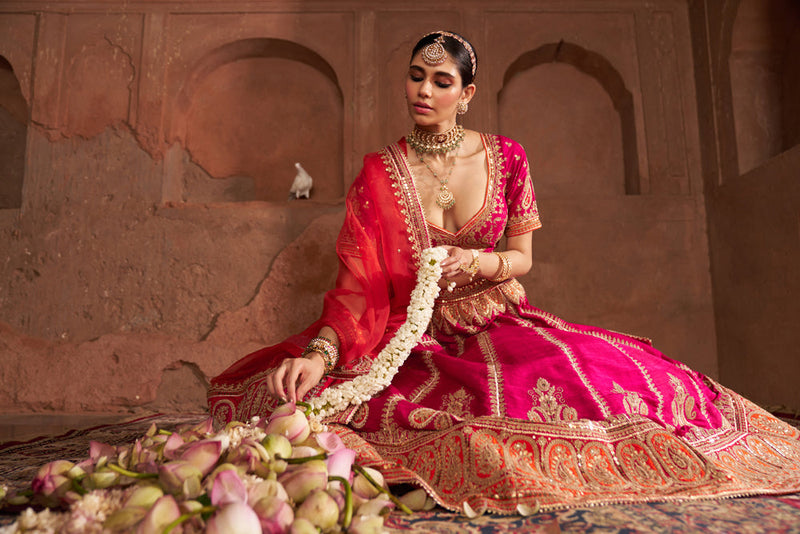 AMARA - HOTPINK LEHENGA rawsilk lehenga sets by SHEETAL BATRA in pink for women in Singapore