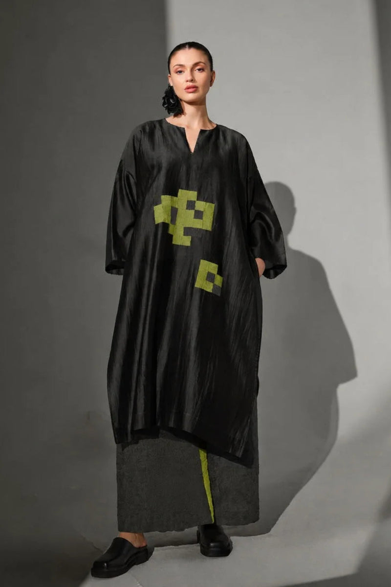 Trace Tunic-Black + Lime + Ash gree silk chanderi tunics and kaftans by Stoique in black, lime, ash gree for women in Singapore