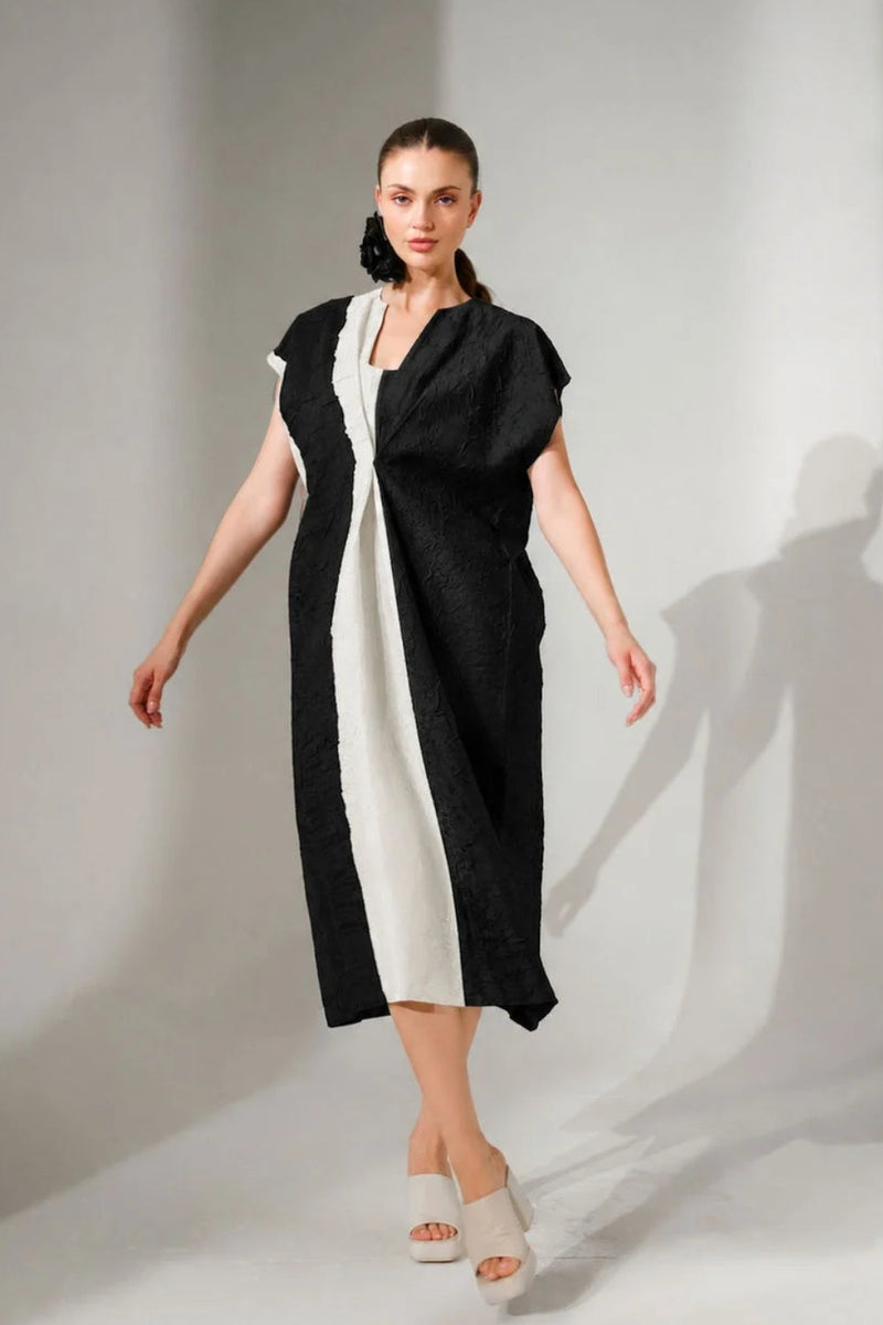 Ripple Dress-Black + Natural crushed silk dress by Stoique in black, natural for women in Singapore