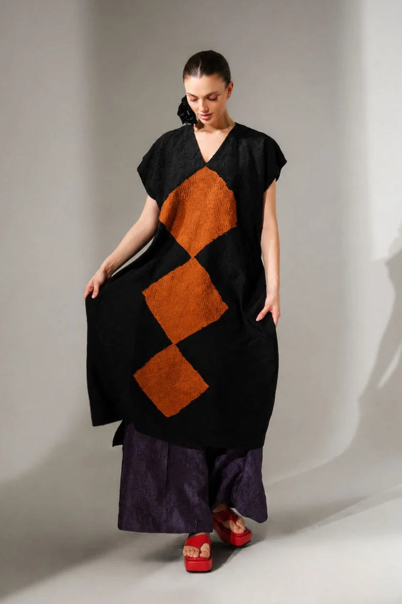 Facet Tunic-Black + Ochre crushed silk tunics and kaftans by Stoique in black, ochre for women in Singapore