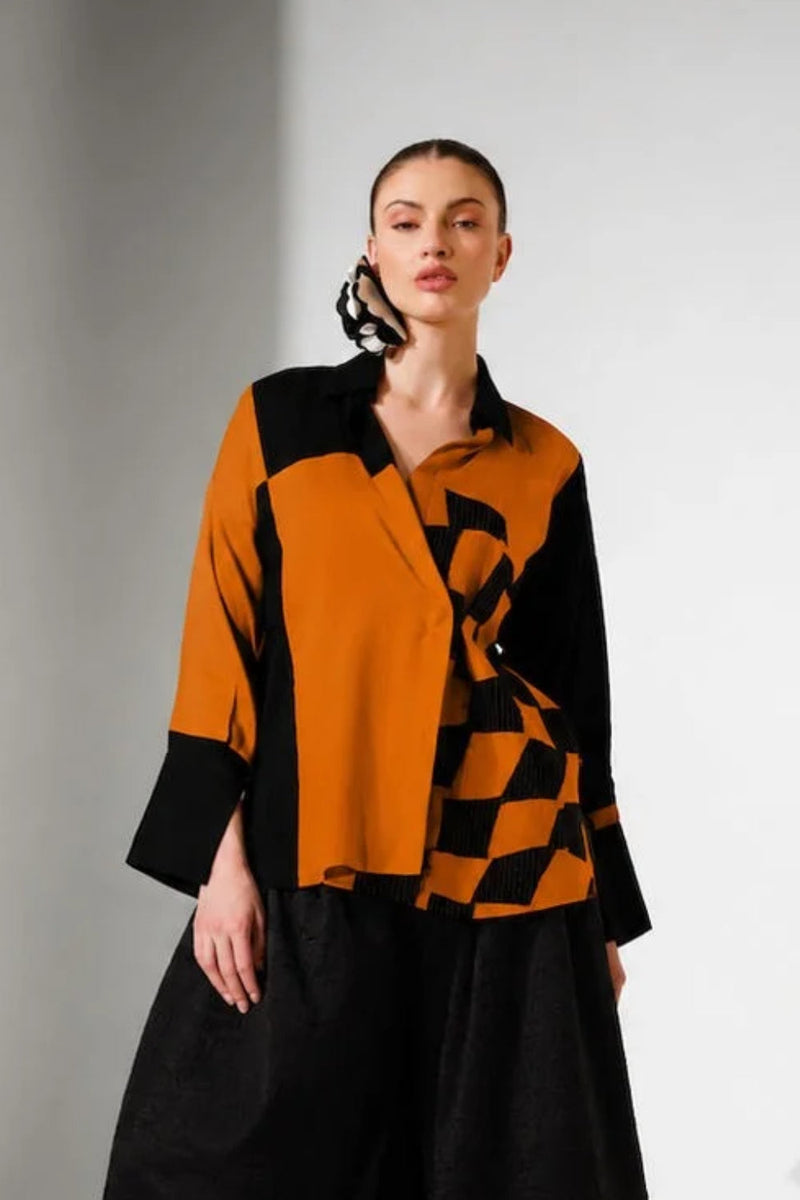Dew Shirt-Black + Ochre mysore silk top/shirt by Stoique in black, ochre for women in Singapore
