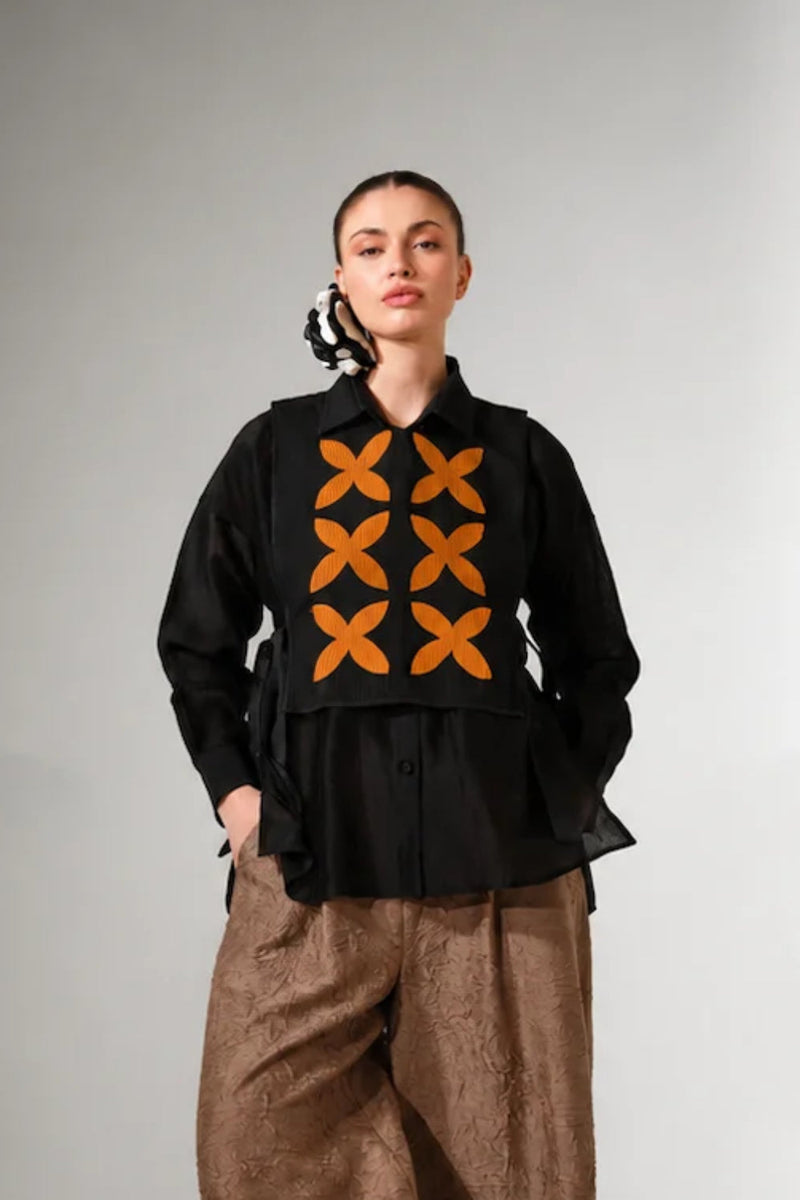 Pebble Shirt-Black + Ochre silk chanderi top/shirt by Stoique in black, ochre for women in Singapore