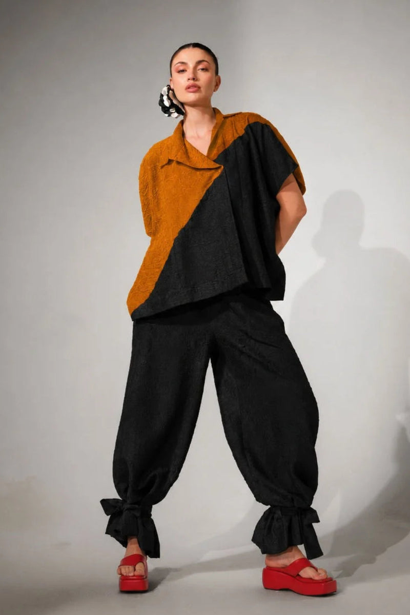 Emerge Overlay-Ochre + Black crushed silk jacktes and overlays by Stoique in ochre, black for women in Singapore