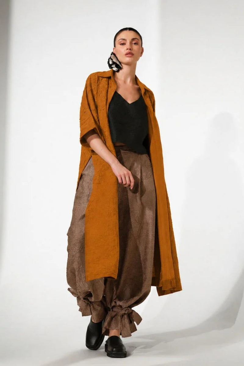 Grain Overlay-Ochre + Black crushed silk jacktes and overlays by Stoique in ochre, black for women in Singapore