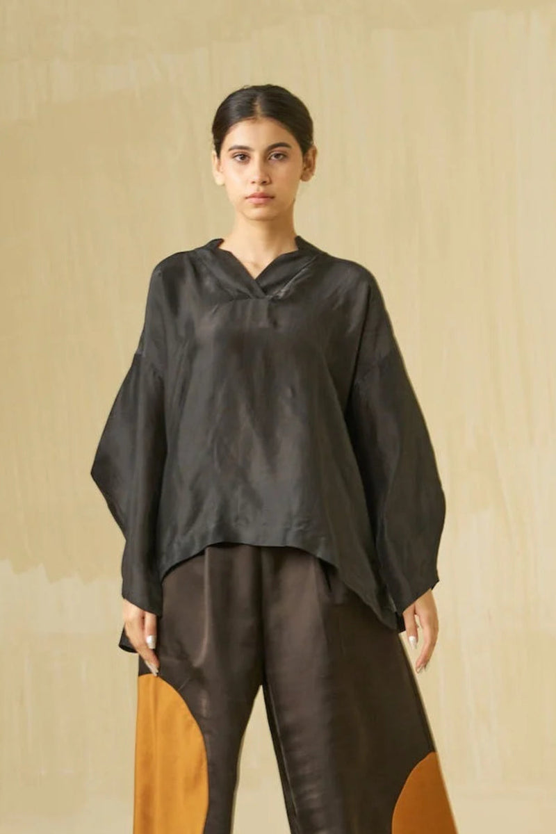 Beau Top-Black + Honey upada silk top/shirt by Stoique in black, honey for women in Singapore