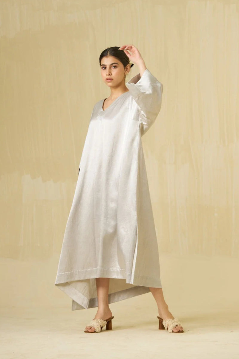 Cosmos Dress-Silver + Dark Chocolate mashru silk dress by Stoique in silver, dark chocolate for women in Singapore
