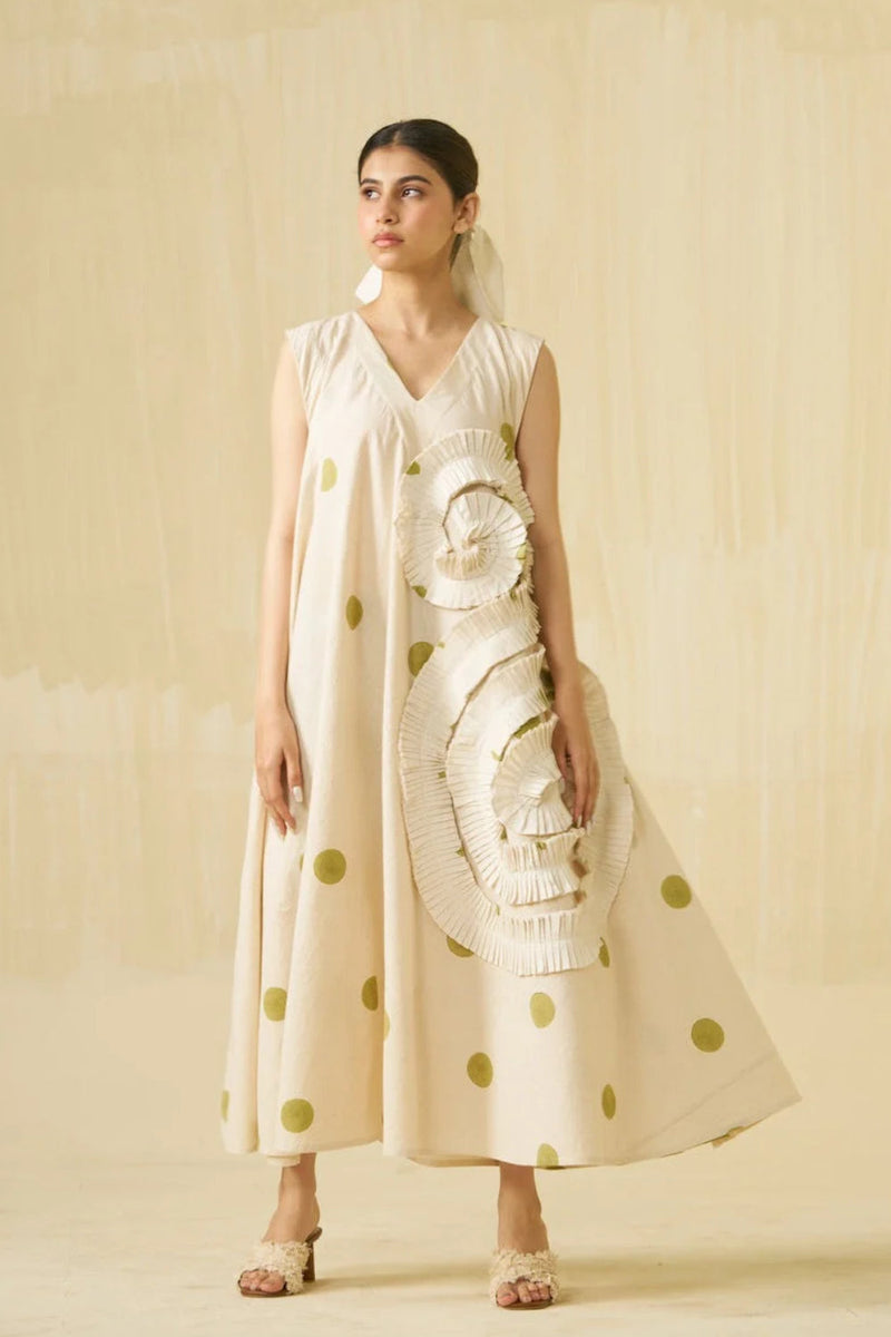 Daffodil Dress-Natural + Sage handwoven cotton dress by Stoique in natural, sage for women in Singapore